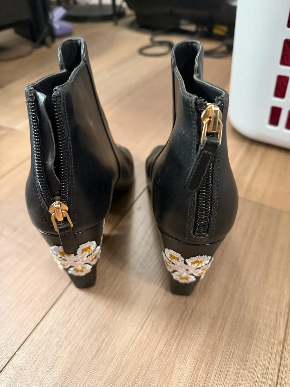 Tory Burch Black Peep-Toe Embroidered Block Heel Ankle Boots